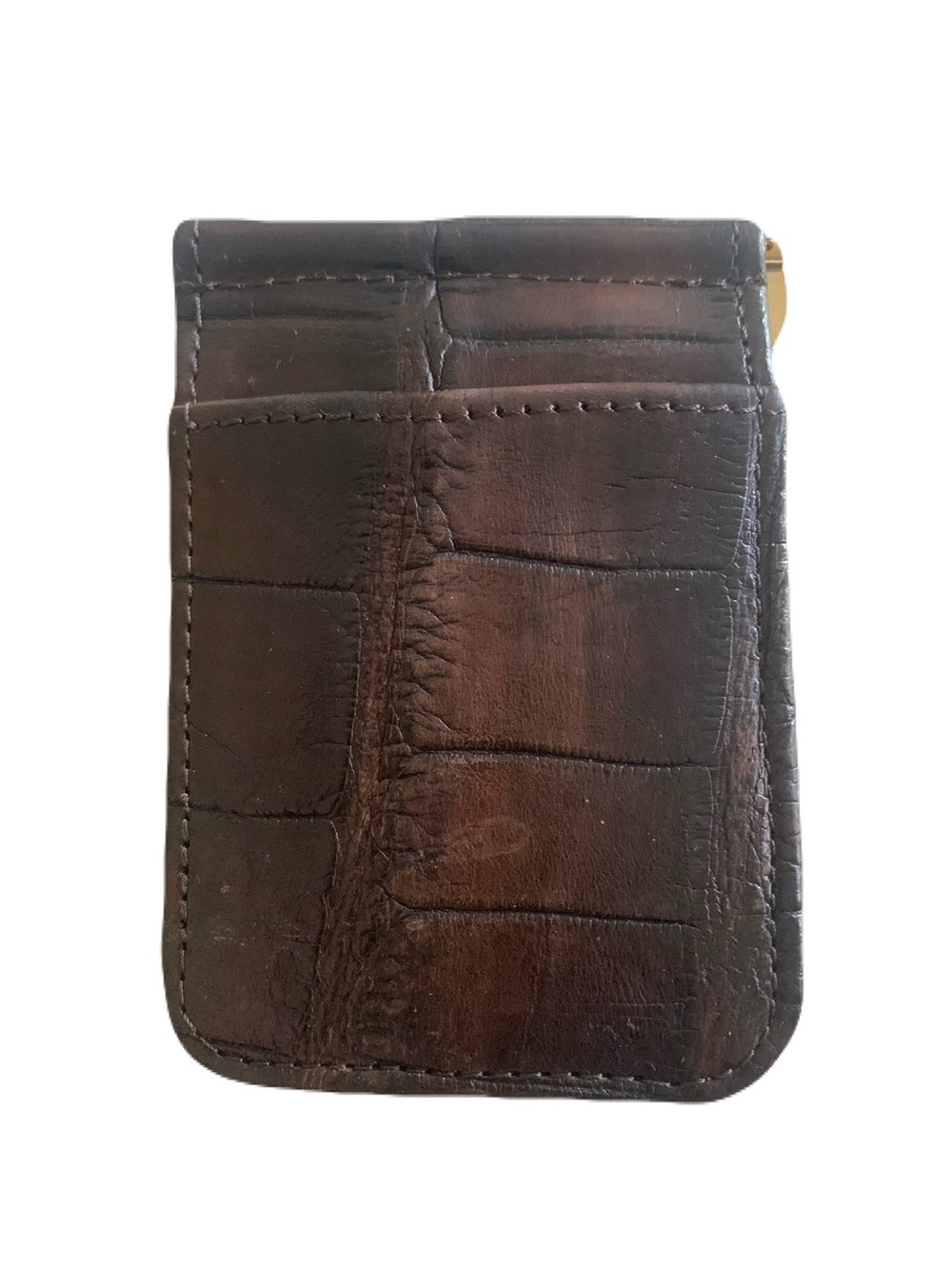 Matte Brown Genuine Crocodile & Leather Spring Clip Card Holder Wallet Exotic